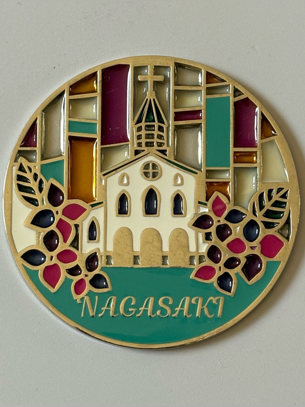 Nagasaki Japan Souvenir Medallion Stained Glass Church Metal Token Plaque 3.25”